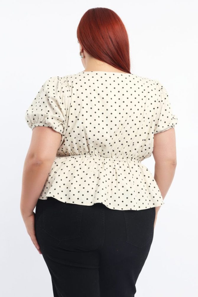 Beige Polka Dot Tie Front Peplum Top Linen Blend
