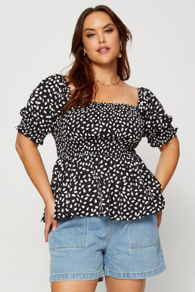 Geo Print Peplum Top Short Sleeve Shirred