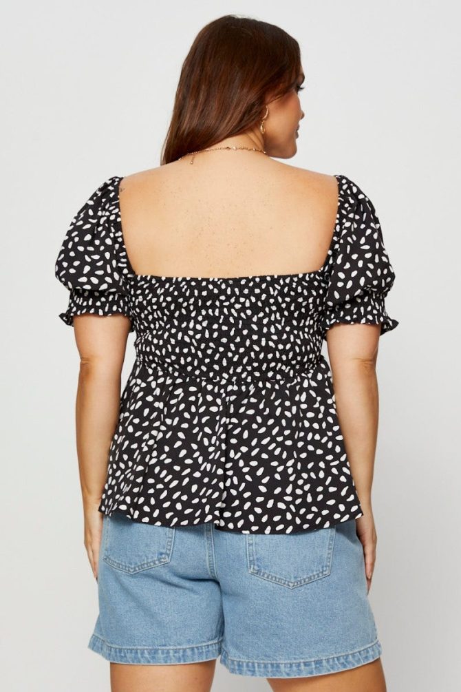Geo Print Peplum Top Short Sleeve Shirred