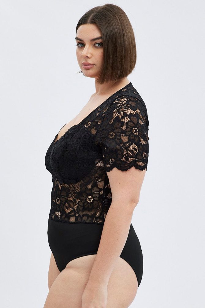 Black Lace Bodysuit Short Sleeve